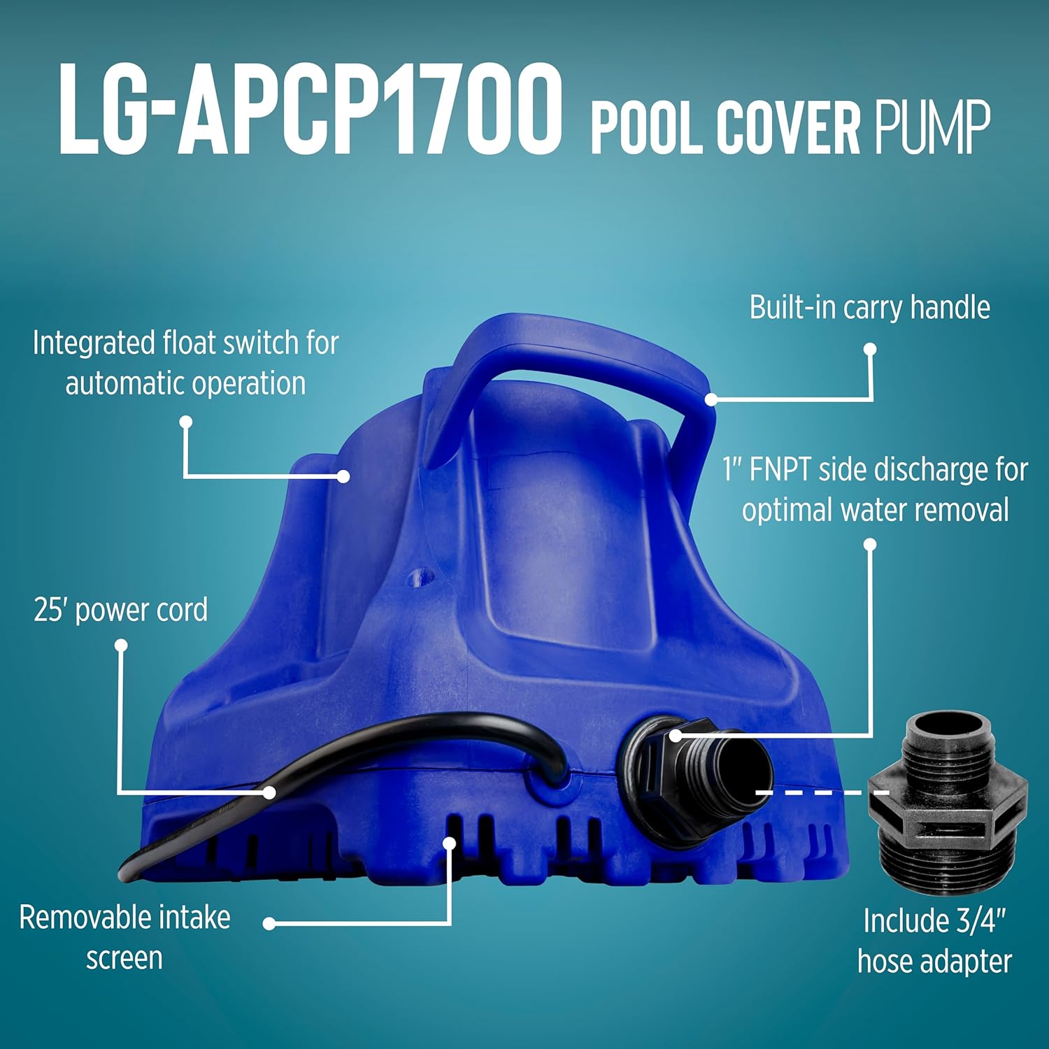 Little Giant Select Series LG-APCP1700 1 3 HP, 1745 GPH, Automatic, Submersible, Swimming Pool Cover Pump with 25-Ft. Cord, Dark Blue, 149426912