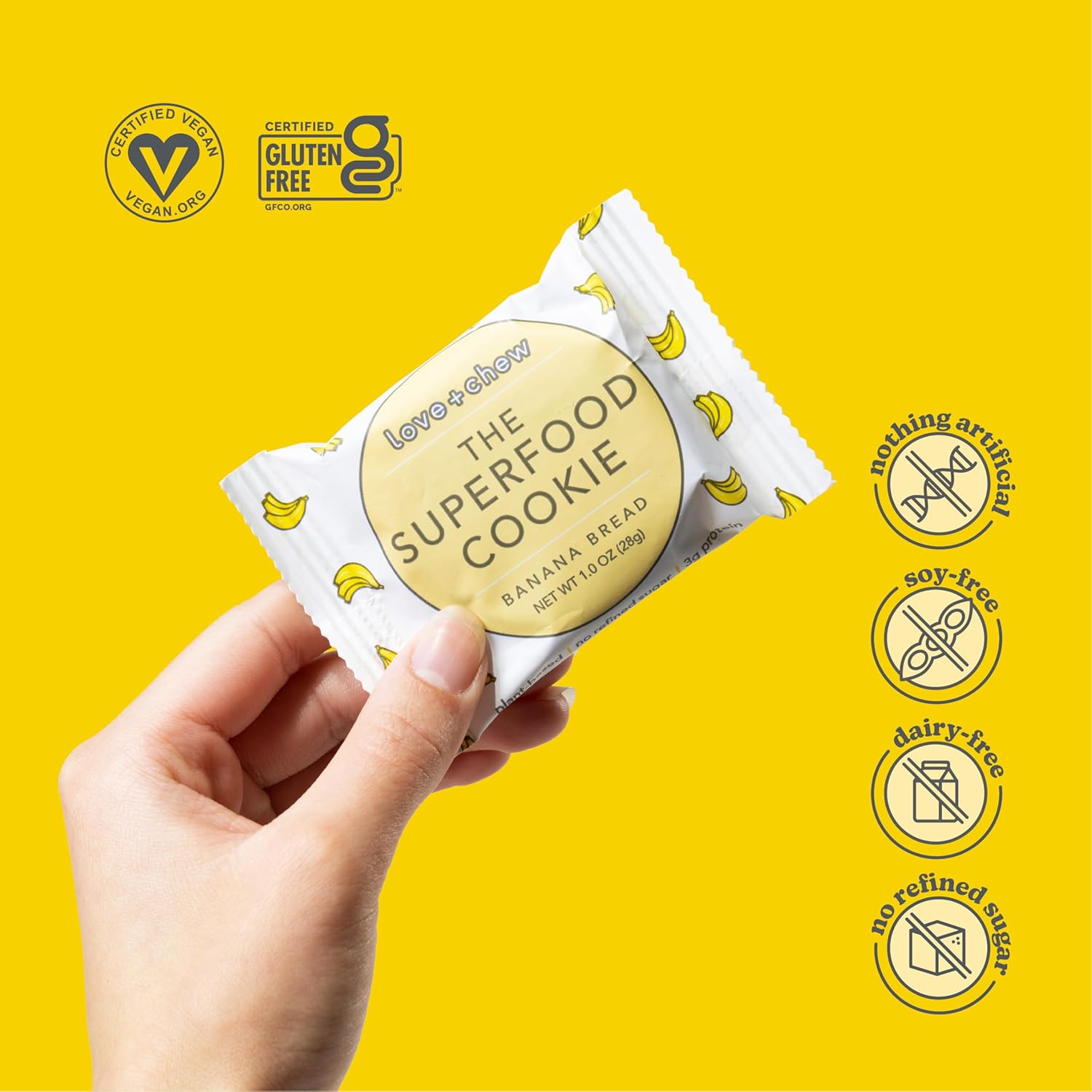 Love + Chew Soft Baked Protein Cookies, Gluten Free (18) Count Banana Bread Minis Vegan, Paleo, Non GMO and Packed with Superfoods. - Individually Wrapped, and Made from High Protein Almonds - (1) Ounce Cookies3