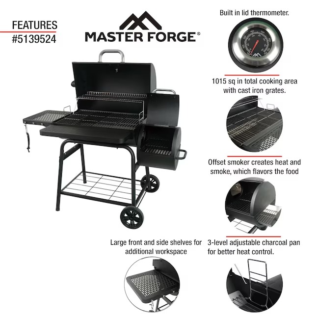 Master Forge CBC23032L 1010-Sq. Inches Black powder coated Horizontal Charcoal Smoker2_11zon