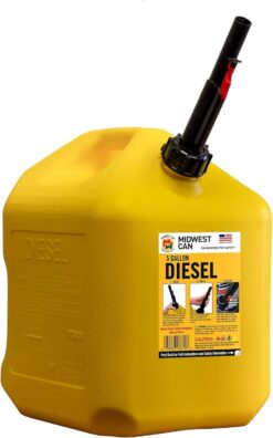 Midwest Can 8610 Safe-Flo Auto Shut Off 5 Gallon Diesel Can Yellow Plastic Fuel Container with FlameShield Safety System & Quick-Flow Spout - 1 Pack