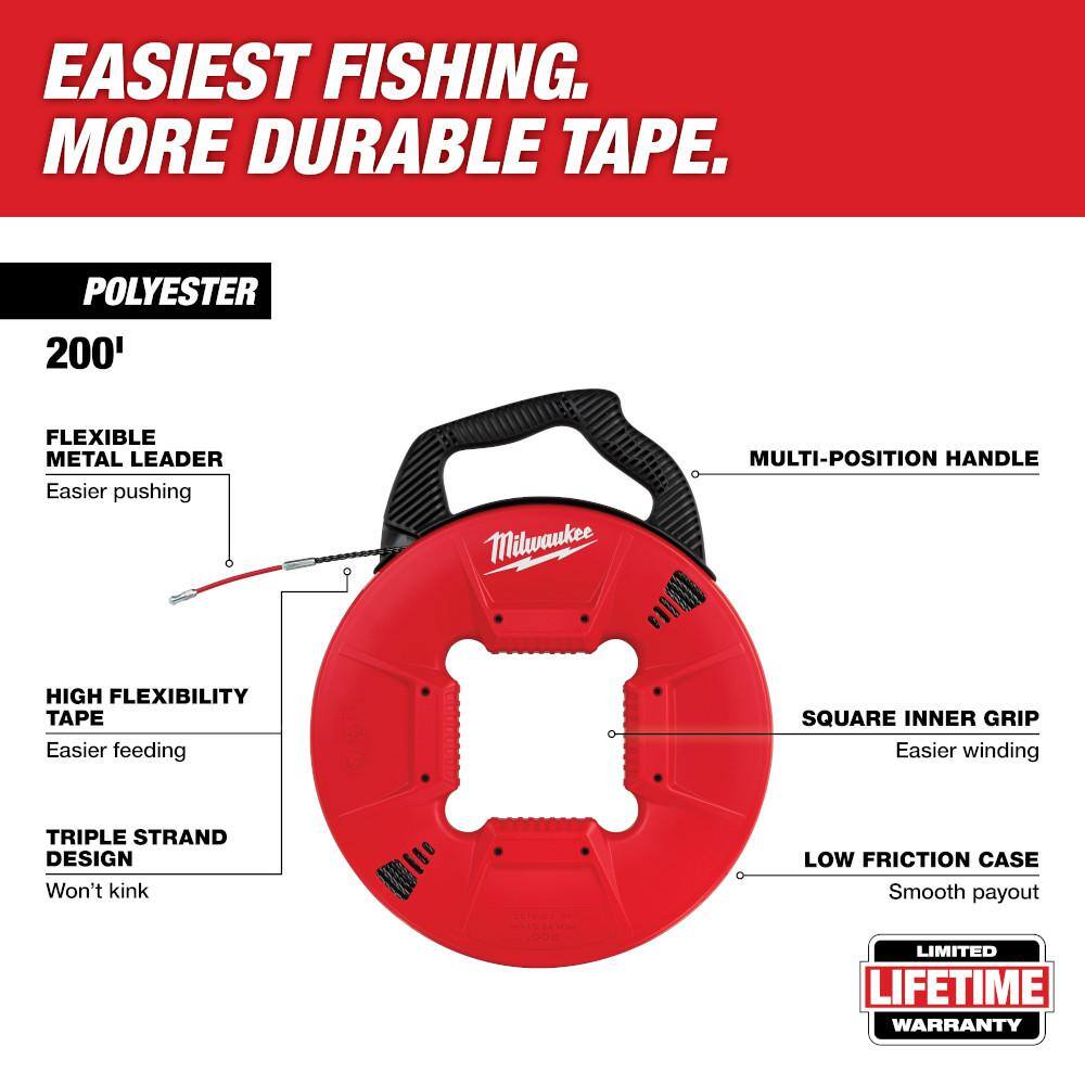 Milwaukee 48-22-4197-48-22-4178 200 ft. Polyester Fish Tape with Flexible Metal Leader with 1 8 in. x 240 ft. Steel Fish Tape3
