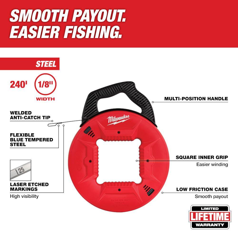 Milwaukee 48-22-4197-48-22-4178 200 ft. Polyester Fish Tape with Flexible Metal Leader with 1 8 in. x 240 ft. Steel Fish Tape4