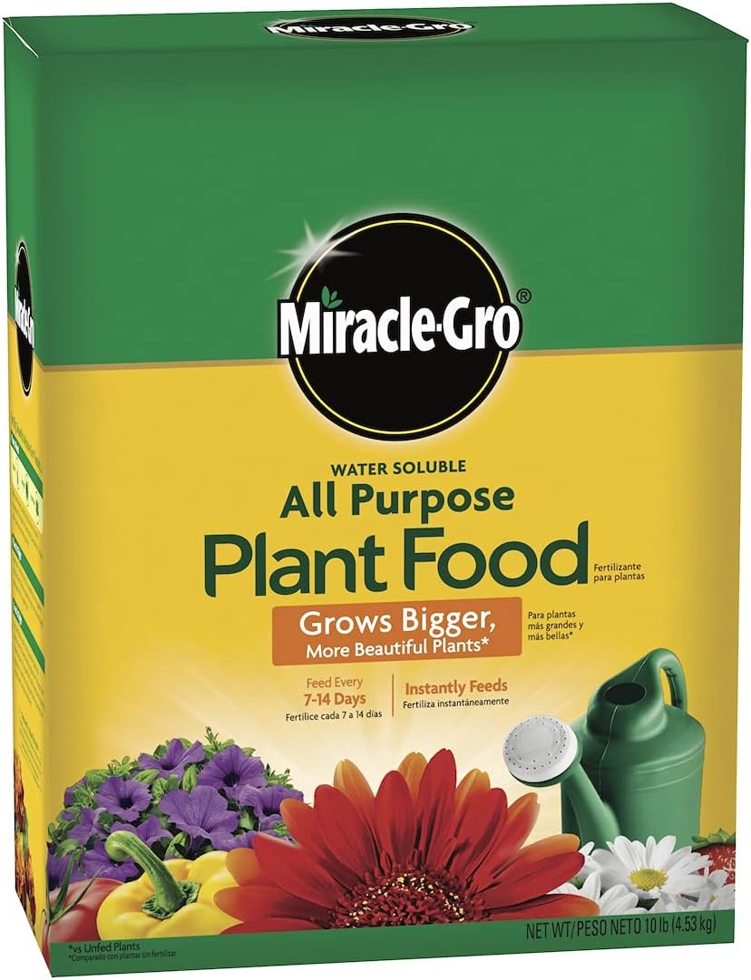 Miracle-Gro Water Soluble All Purpose Plant Food, Plant Fertilizer for Indoor or Outdoor Plants, Roses, Flowers, Houseplants, Vegetables and Trees, 10 lb. Miracle-Gro Water Soluble All Purpose Plant Food, Plant Fertilizer for Indoor or Outdoor Plants, Roses, Flowers, Houseplants, Vegetables and Trees, 10 lb.