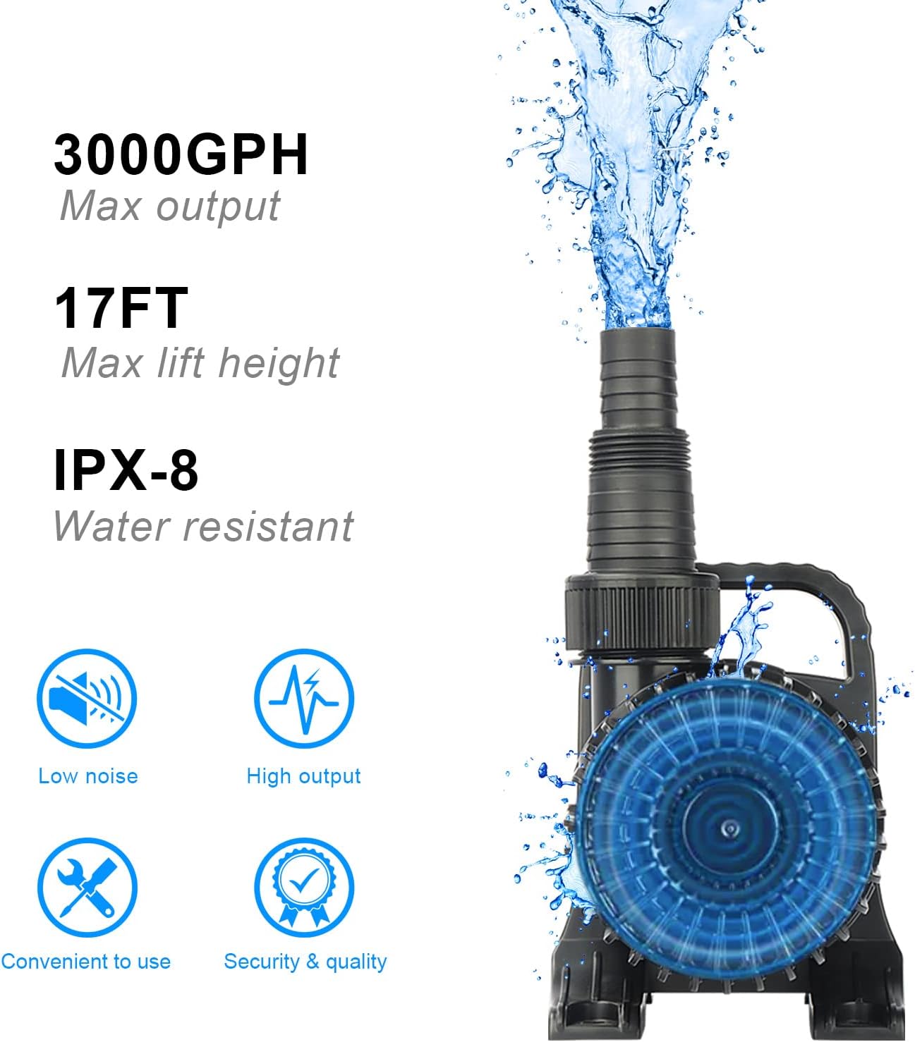 Outdoor 3000gph-155W 32.8FT Pond Water-fall & Kio Fish Fountain-s &Garden Pump Submersible IPX8 Long 32.8FT Cord Smart-er & Quieter Duck & Yard Ponds Pumps, 1 Barrier Pump Bag1