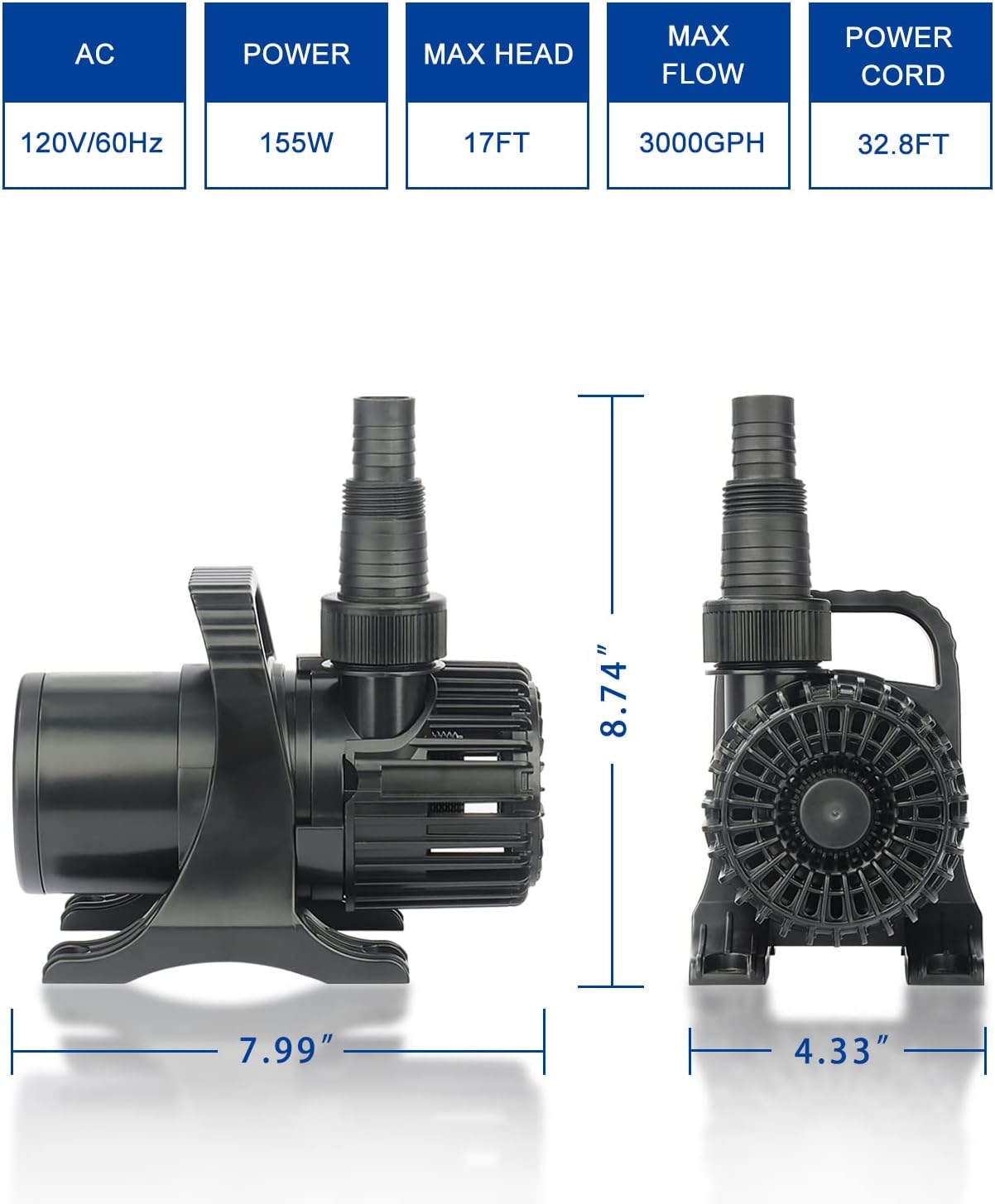 Outdoor 3000gph-155W 32.8FT Pond Water-fall & Kio Fish Fountain-s &Garden Pump Submersible IPX8 Long 32.8FT Cord Smart-er & Quieter Duck & Yard Ponds Pumps, 1 Barrier Pump Bag5