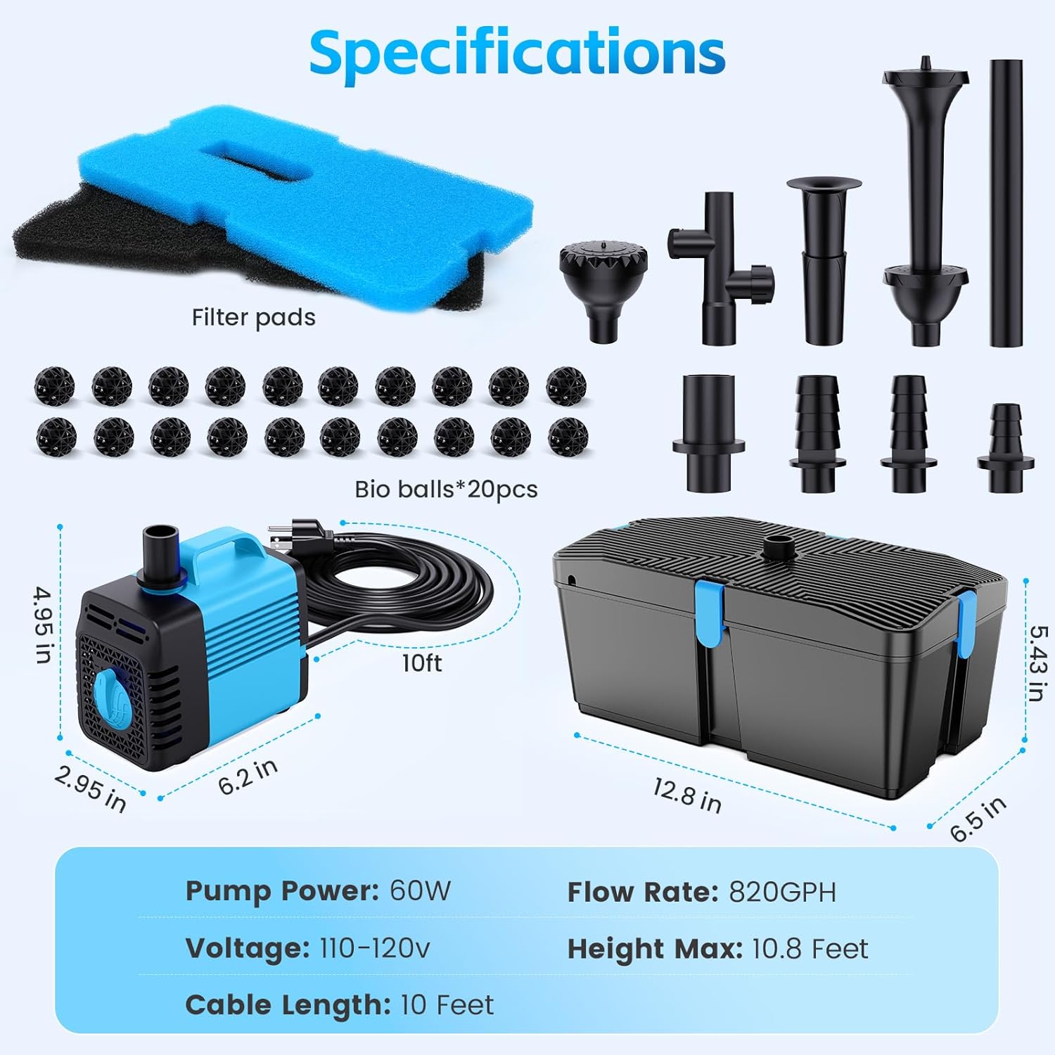Pond Filters for Outdoor Ponds, 820 GPH Pond Filter with Fountain Pump cKits, 60W Pond Pump and Filter Kit for Koi Pond Clean, Garden Fountains, Waterfall8