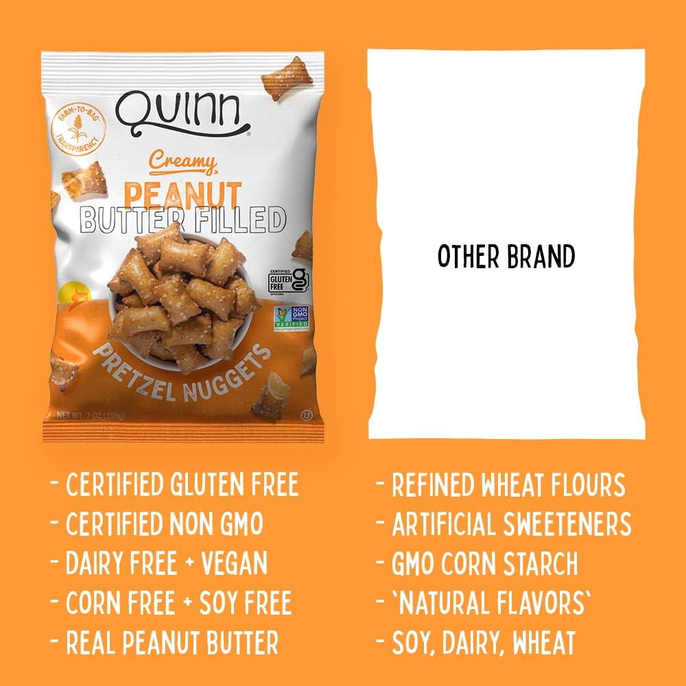 Quinn Creamy Peanut Butter Filled Pretzel Nuggets - Made with Real Ingredients, Whole Grain Sorghum, Sea Salt, Vegan, Gluten Free, Dairy Free, Non-GMO - 11 Oz (Pack of 4)11