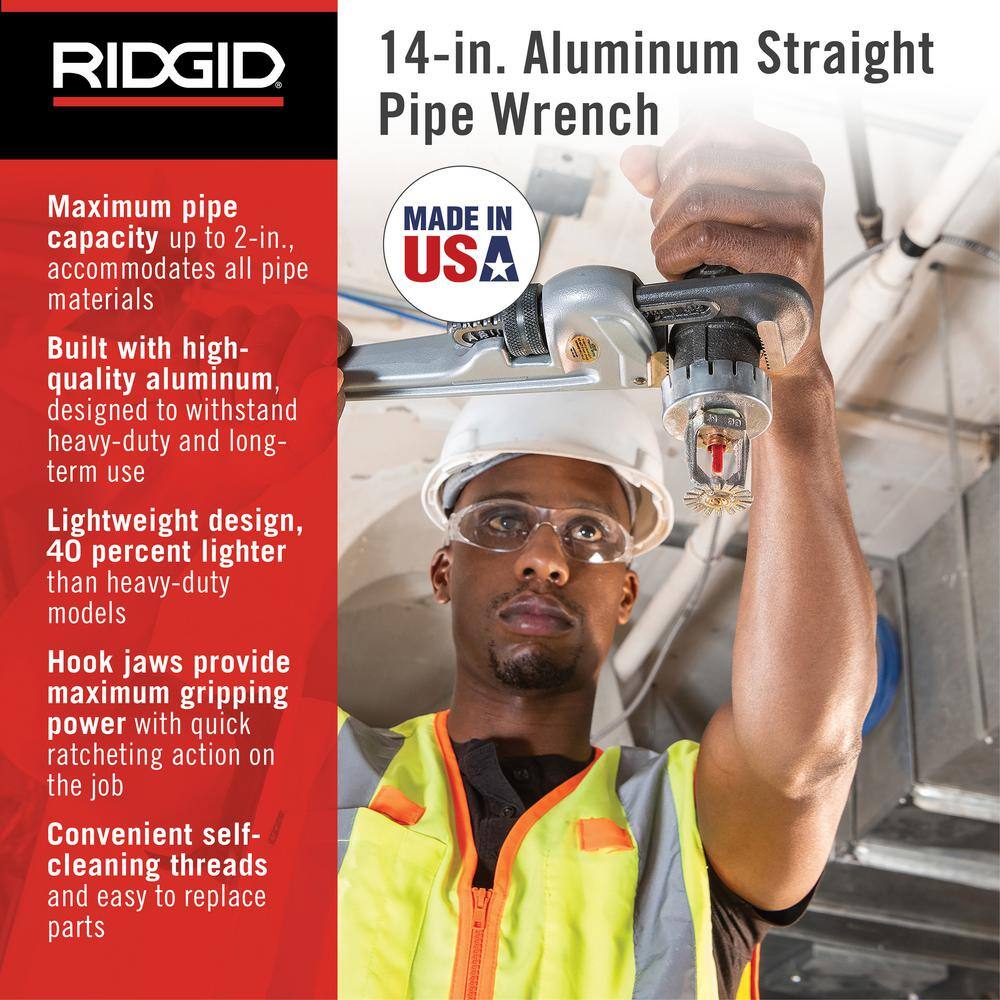 RIDGID 31095 14 in. Aluminum Straight Pipe Wrench for Plumbing, Sturdy Plumbing Pipe Tool with Self Cleaning Threads and Hook Jaws1
