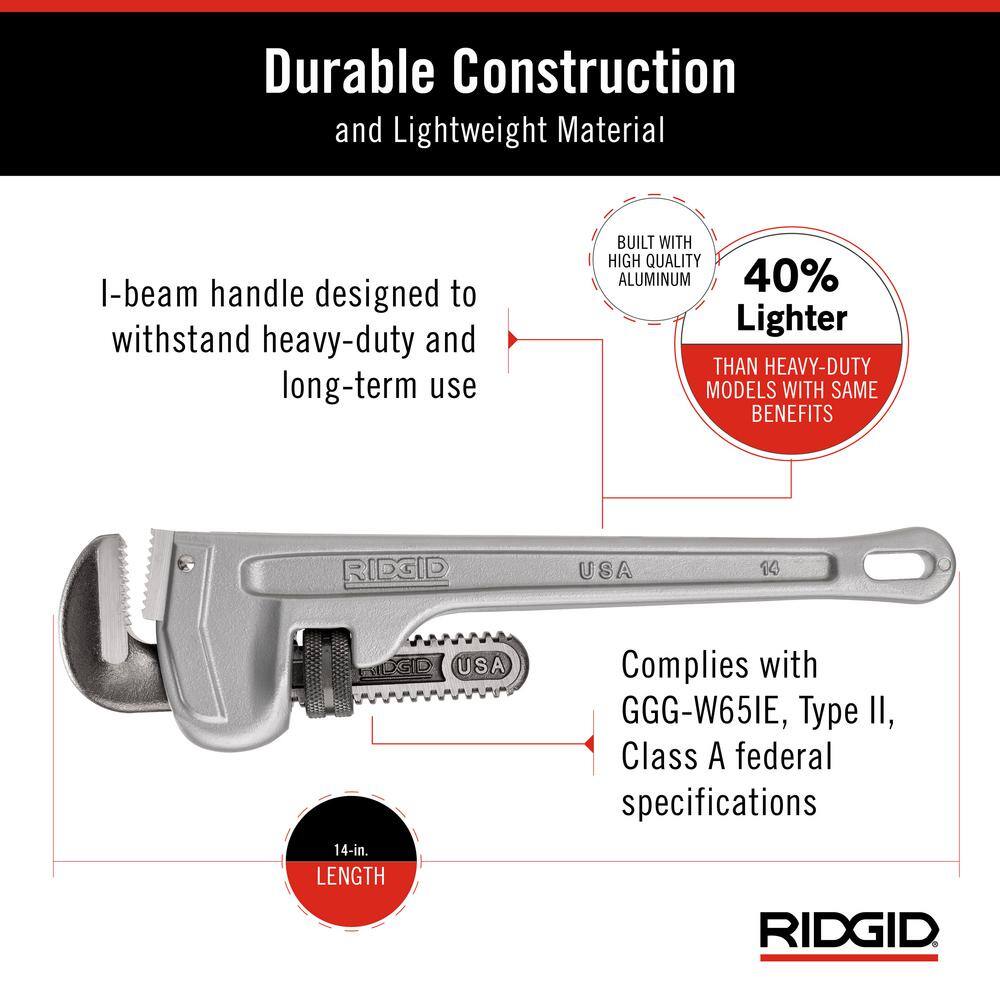 RIDGID 31095 14 in. Aluminum Straight Pipe Wrench for Plumbing, Sturdy Plumbing Pipe Tool with Self Cleaning Threads and Hook Jaws3