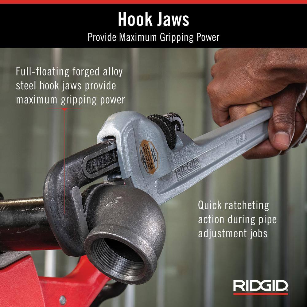 RIDGID 31095 14 in. Aluminum Straight Pipe Wrench for Plumbing, Sturdy Plumbing Pipe Tool with Self Cleaning Threads and Hook Jaws4