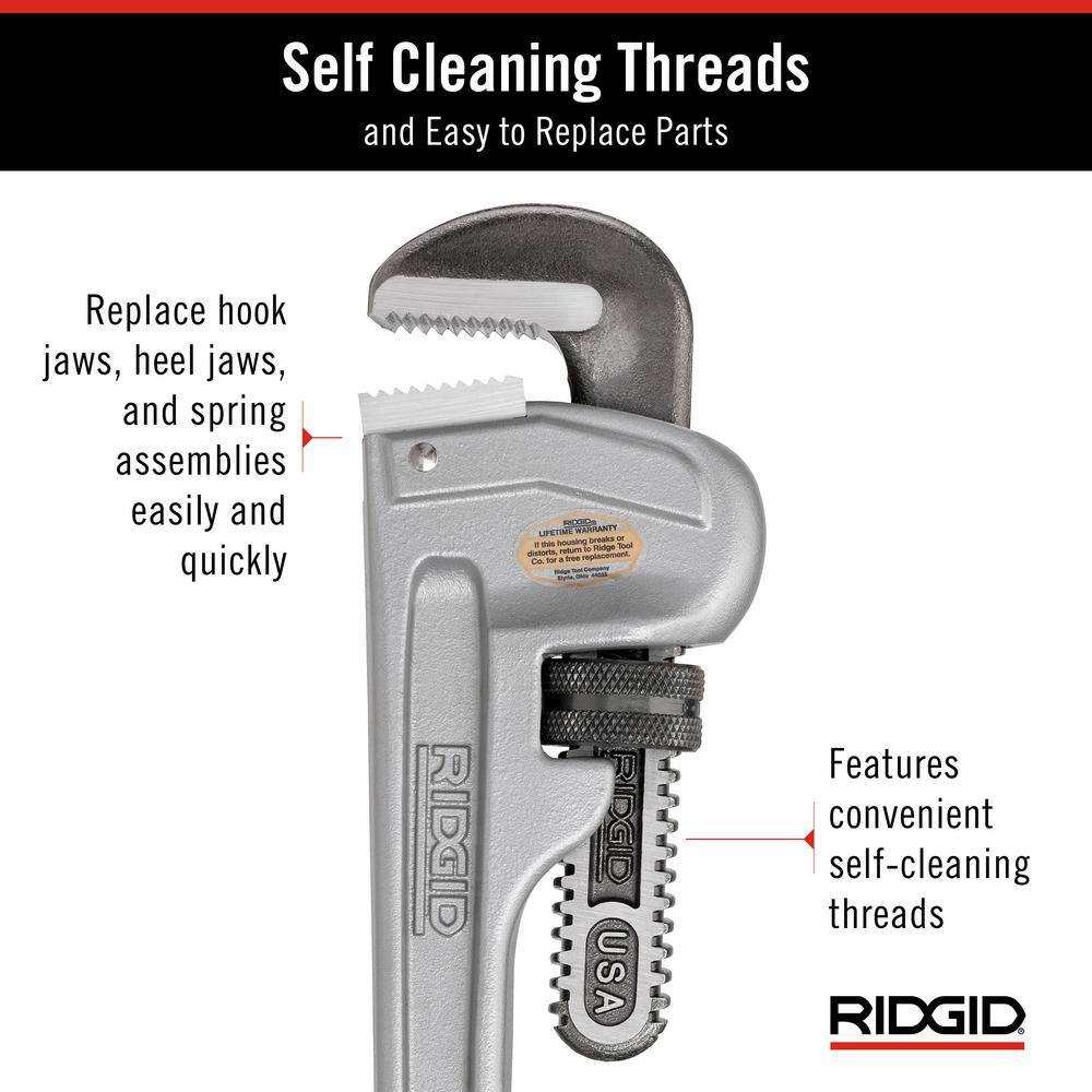 RIDGID 31095 14 in. Aluminum Straight Pipe Wrench for Plumbing, Sturdy Plumbing Pipe Tool with Self Cleaning Threads and Hook Jaws7