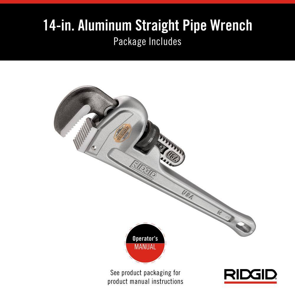 RIDGID 31095 14 in. Aluminum Straight Pipe Wrench for Plumbing, Sturdy Plumbing Pipe Tool with Self Cleaning Threads and Hook Jaws8