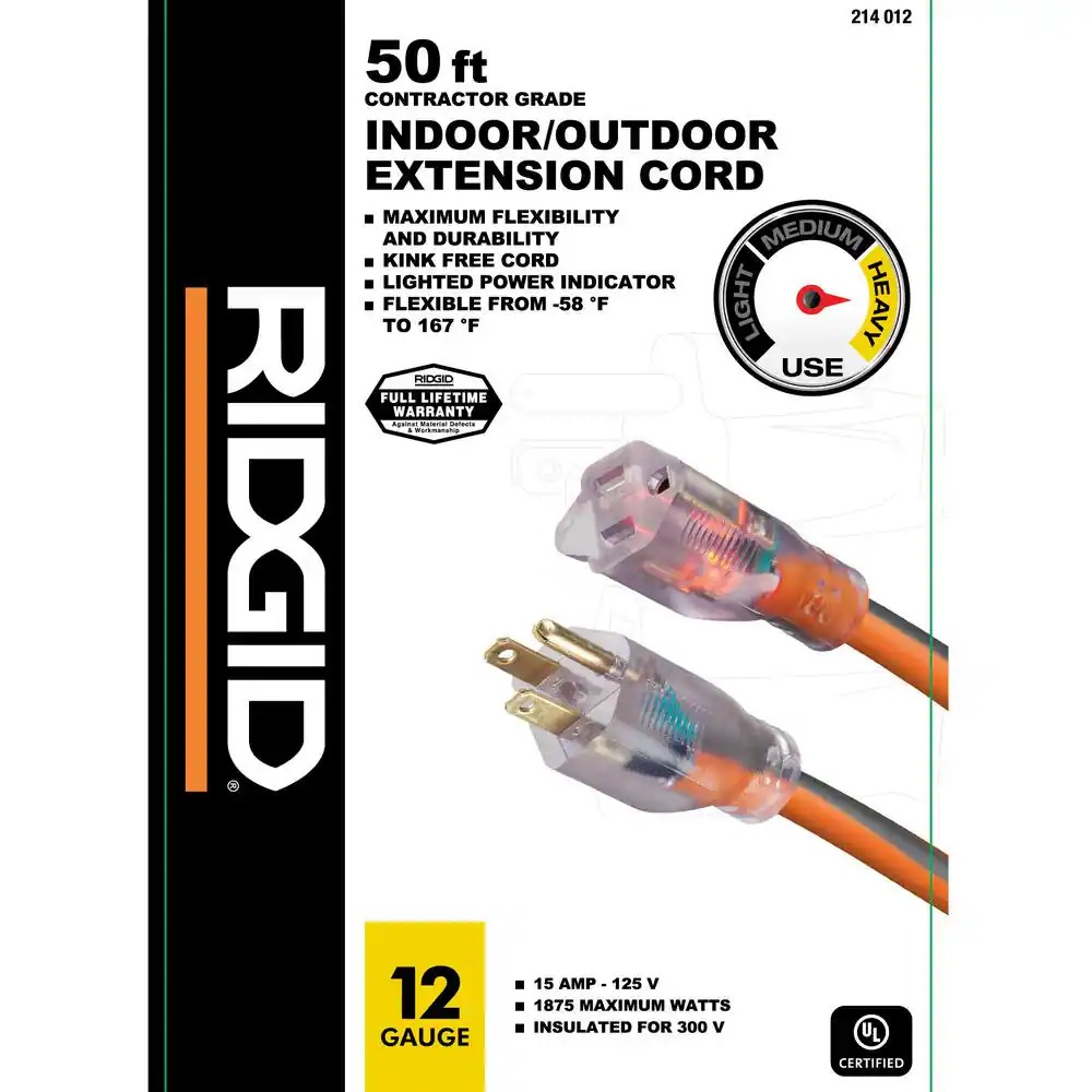 RIDGID 74050RGD 50 ft. 12 3 Heavy Duty Indoor Outdoor Extension Cord with Lighted End, Orange Grey1_11zon