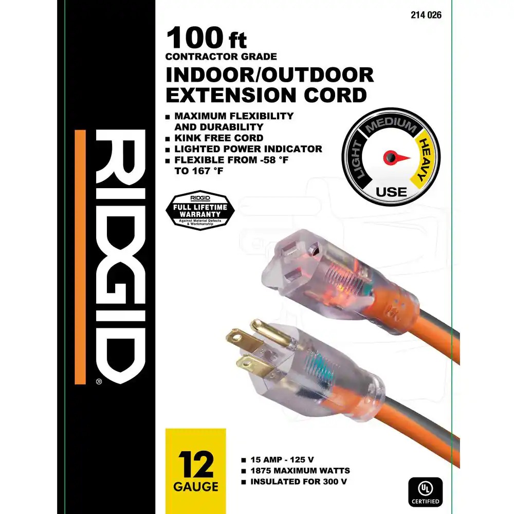 RIDGID 74100RGD 100 ft. 12 3 Heavy Duty Indoor Outdoor Extension Cord with Lighted End, Orange Grey1_11zon