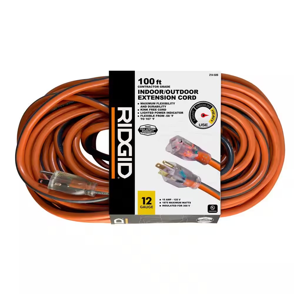 RIDGID 74100RGD 100 ft. 12 3 Heavy Duty Indoor Outdoor Extension Cord with Lighted End, Orange Grey_11zon RIDGID 74100RGD 100 ft. 12/3 Heavy Duty Indoor/Outdoor Extension Cord with Lighted End, Orange/Grey
