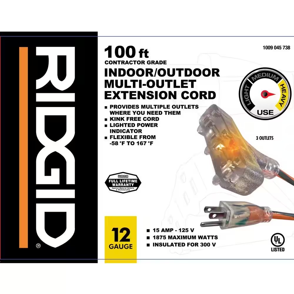 RIDGID 76100RGD 100 ft. 12 3 Heavy Duty Indoor Outdoor Extension Cord with Tritap Lighted End, Orange Grey1_11zon