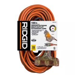 RIDGID 76100RGD 100 ft. 12/3 Heavy Duty Indoor/Outdoor Extension Cord with Tritap Lighted End, Orange/Grey