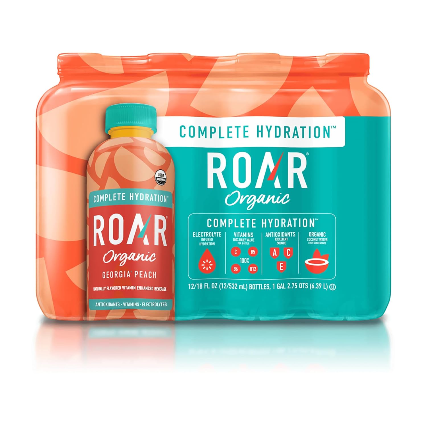 ROAR Complete Hydration Organic - Electrolyte Drinks Loaded with Vitamins C, B5, B12 - Non-GMO, Gluten-Free - Georgia Peach - 12 pc ROAR Complete Hydration Organic - Electrolyte Drinks Loaded with Vitamins C, B5, B12 - Non-GMO, Gluten-Free - Georgia Peach - 12 pc