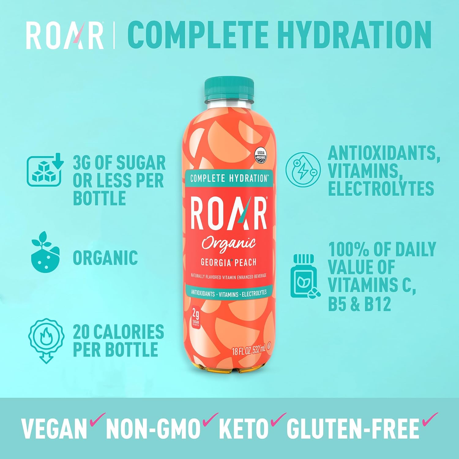 ROAR Complete Hydration Organic - Electrolyte Drinks Loaded with Vitamins C, B5, B12 - Non-GMO, Gluten-Free - Georgia Peach - 12 pc1