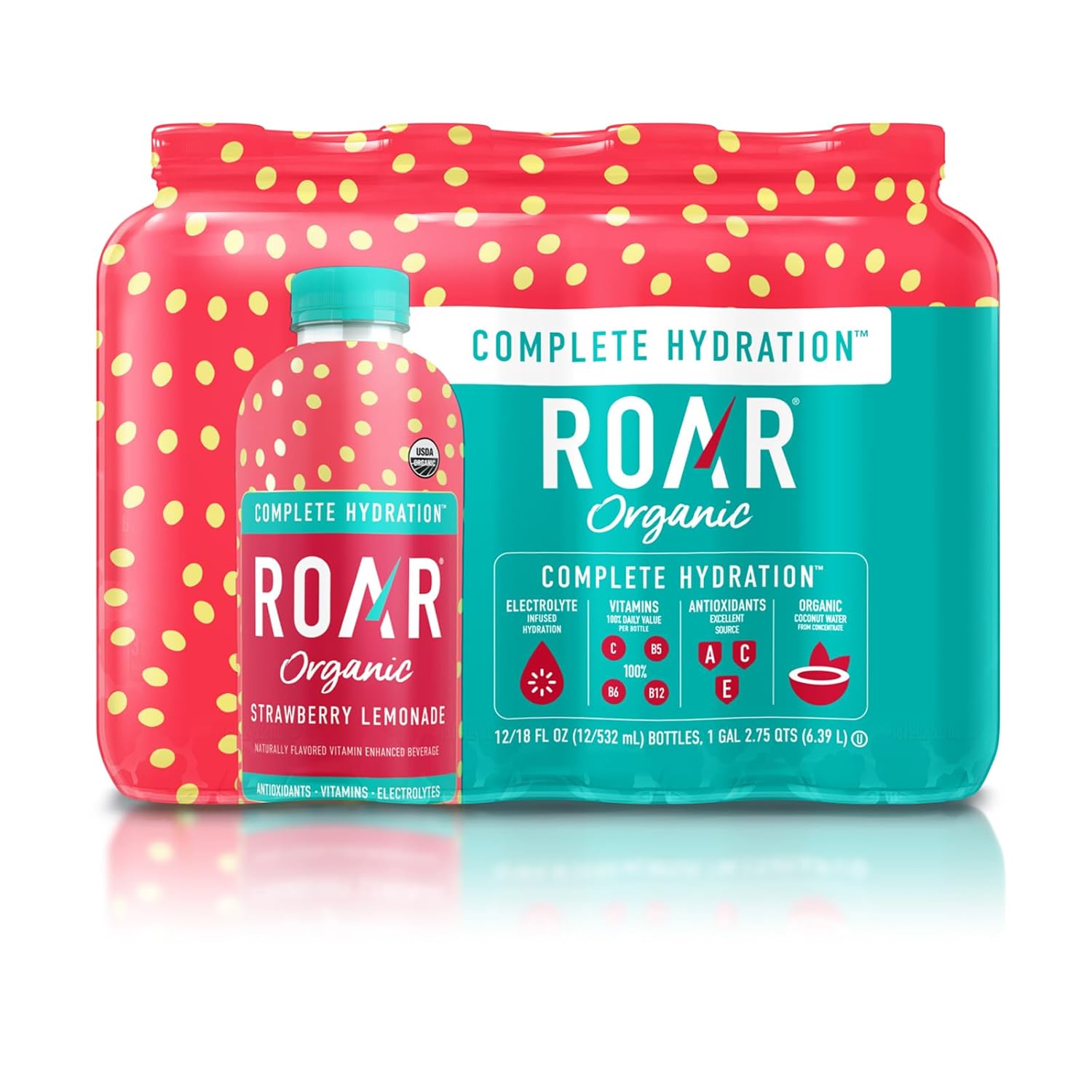 ROAR Complete Hydration Organic - Electrolyte Drinks Loaded with Vitamins C, B5, B12 - Non-GMO, Gluten-Free - Strawberry Lemonade - 12 pc ROAR Complete Hydration Organic - Electrolyte Drinks Loaded with Vitamins C, B5, B12 - Non-GMO, Gluten-Free - Strawberry Lemonade - 12 pc