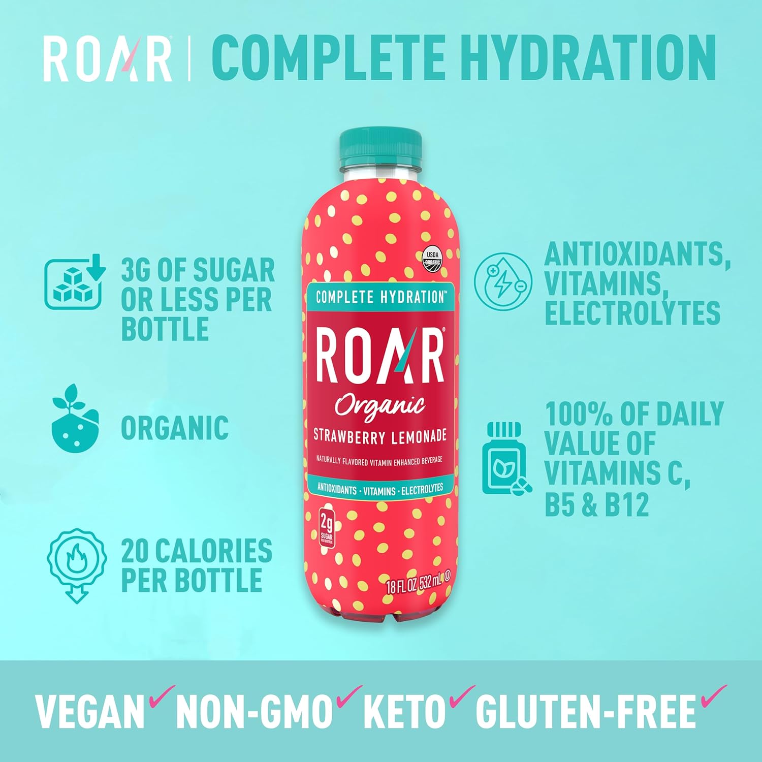 ROAR Complete Hydration Organic - Electrolyte Drinks Loaded with Vitamins C, B5, B12 - Non-GMO, Gluten-Free - Strawberry Lemonade - 12 pc1