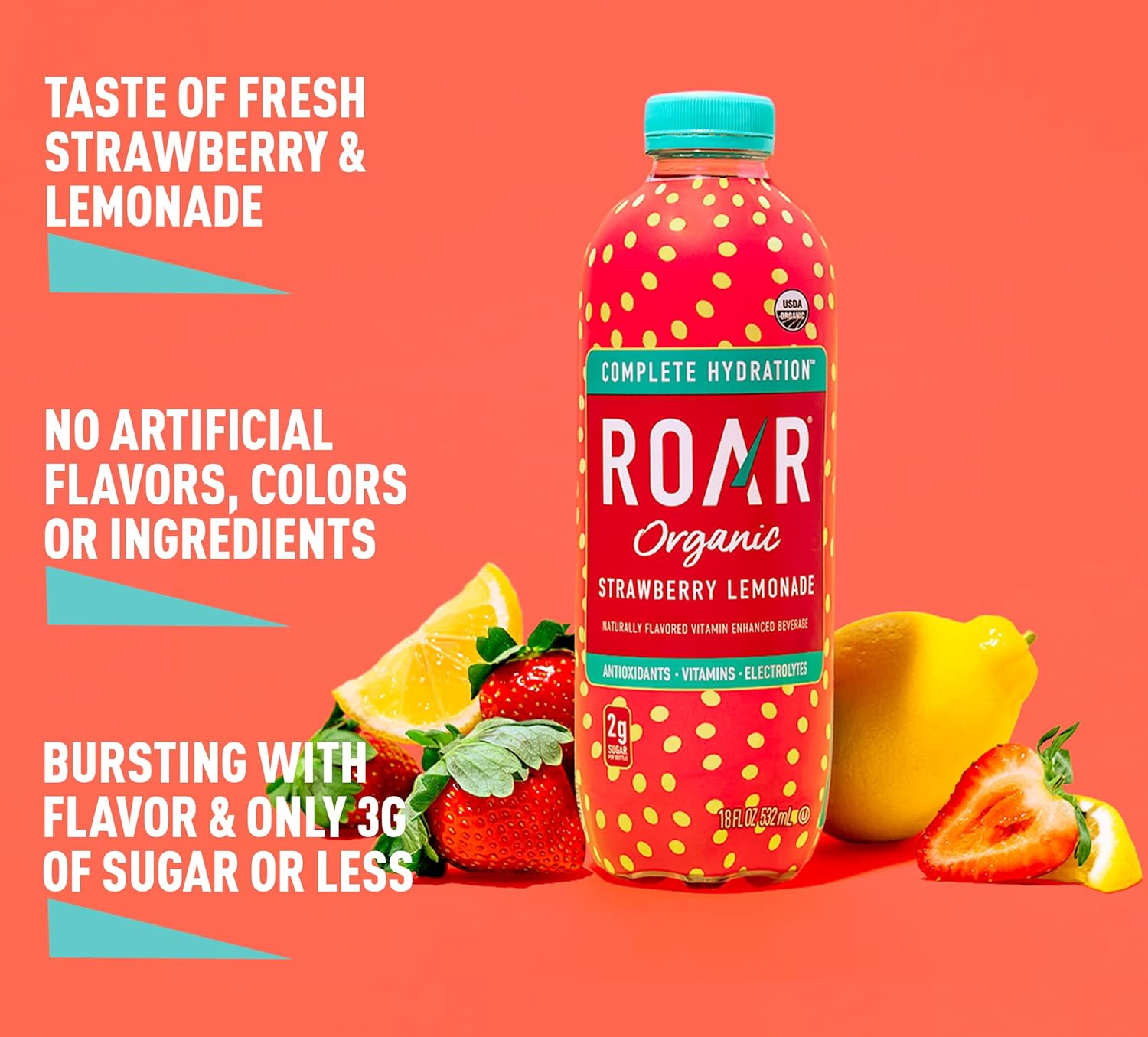ROAR Complete Hydration Organic - Electrolyte Drinks Loaded with Vitamins C, B5, B12 - Non-GMO, Gluten-Free - Strawberry Lemonade - 12 pc7