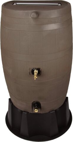 RTS Home Accents 50-Gallon Dual Spigot Rain Barrel, Flat Back Rain Water Collection Barrel, Stand Included, Walnut Color