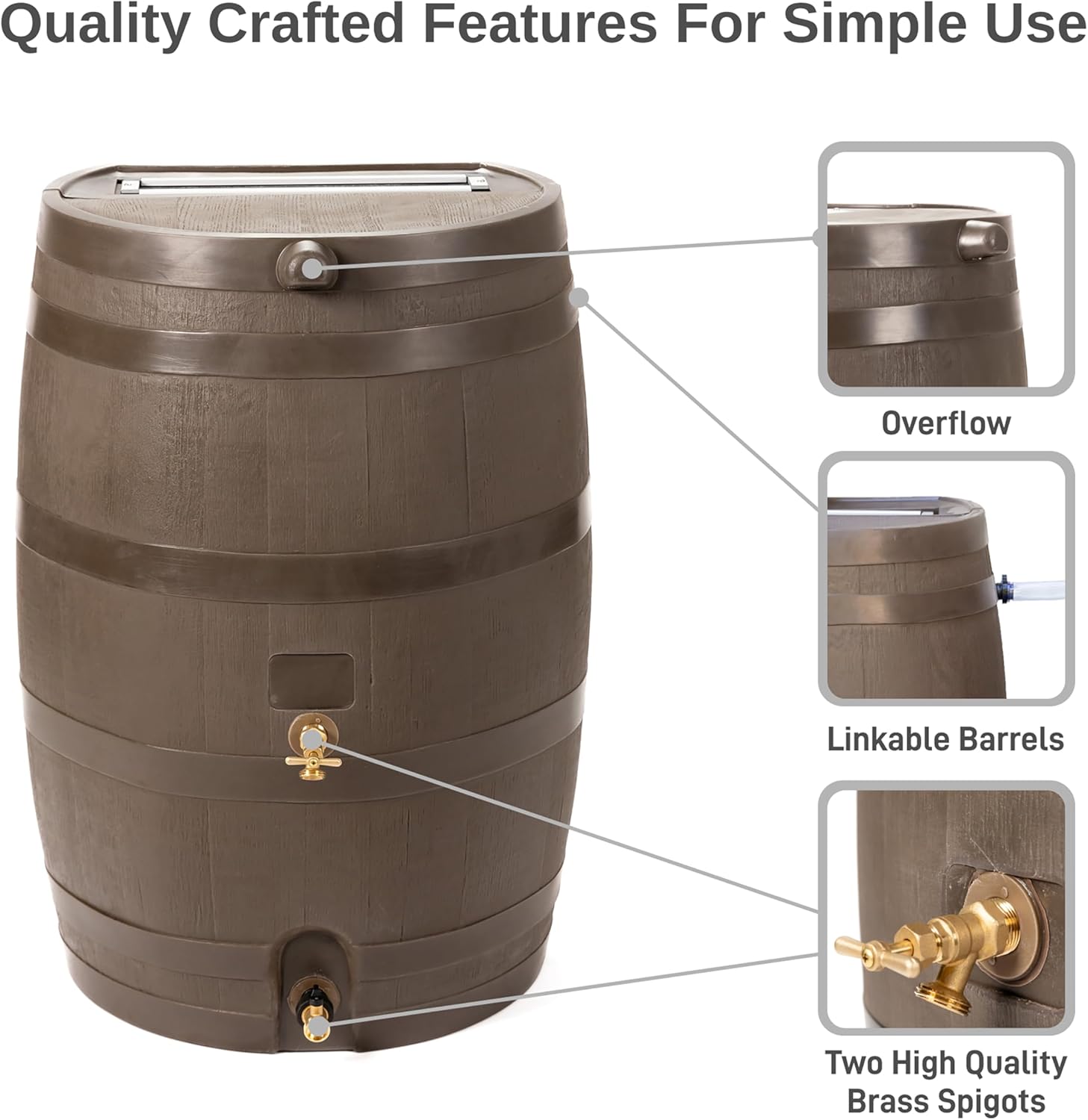 RTS Home Accents 50-Gallon Dual Spigot Rain Barrel, Flat Back Rain Water Collection Barrel, Stand Included, Walnut Color6