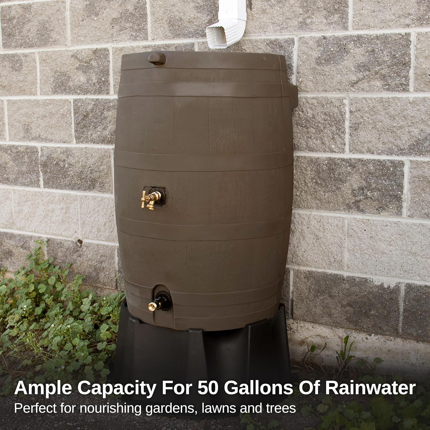 RTS Home Accents 50-Gallon Dual Spigot Rain Barrel, Flat Back Rain Water Collection Barrel, Stand Included, Walnut Color8