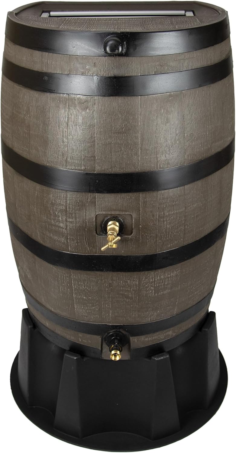 RTS Home Accents 50-Gallon Dual Spigot Rain Barrel, Flat Back Rain Water Collection Barrel, Stand Included, Woodgrain with Black Stripes RTS Home Accents 50-Gallon Dual Spigot Rain Barrel, Flat Back Rain Water Collection Barrel, Stand Included, Woodgrain with Black Stripes