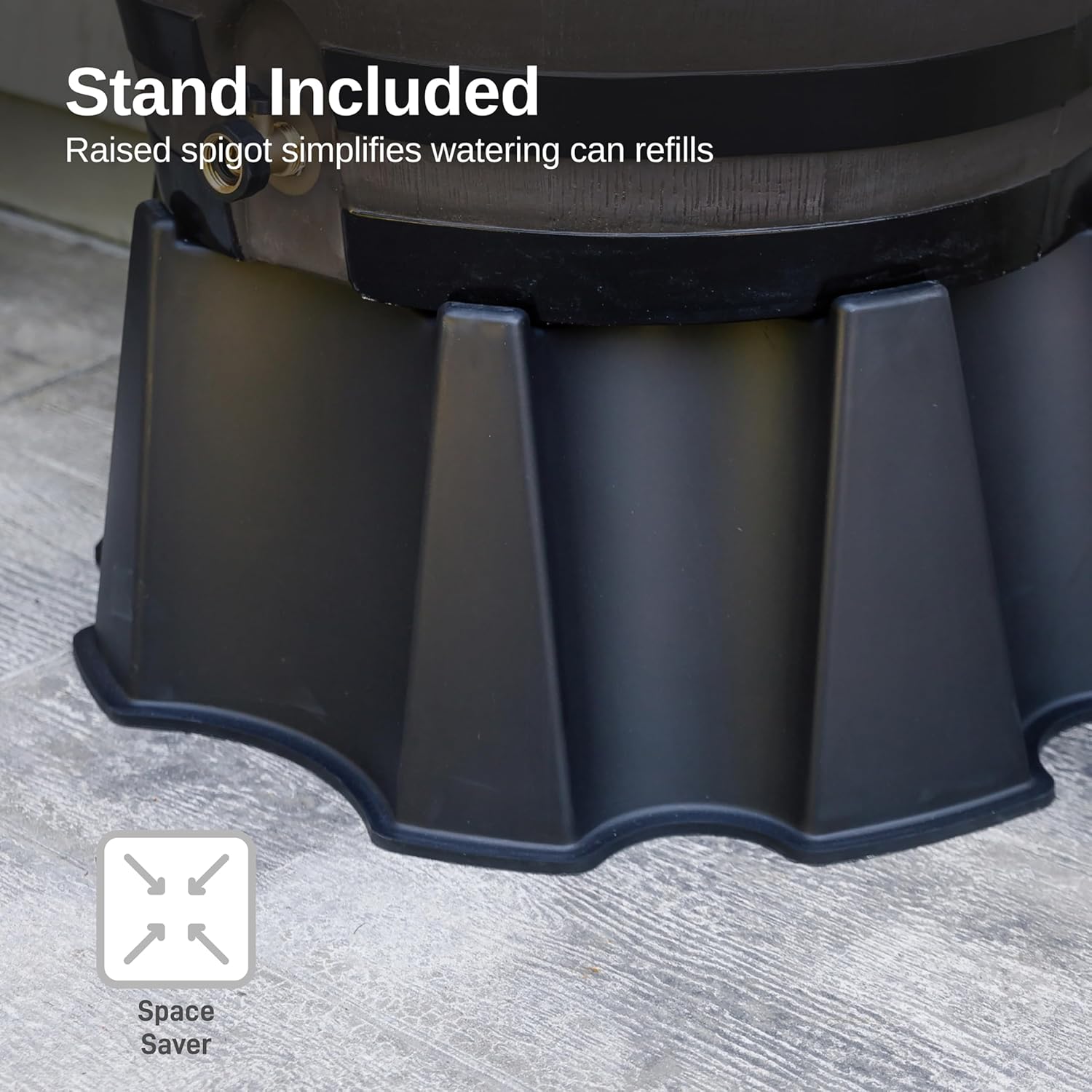 RTS Home Accents 50-Gallon Dual Spigot Rain Barrel, Flat Back Rain Water Collection Barrel, Stand Included, Woodgrain with Black Stripes0