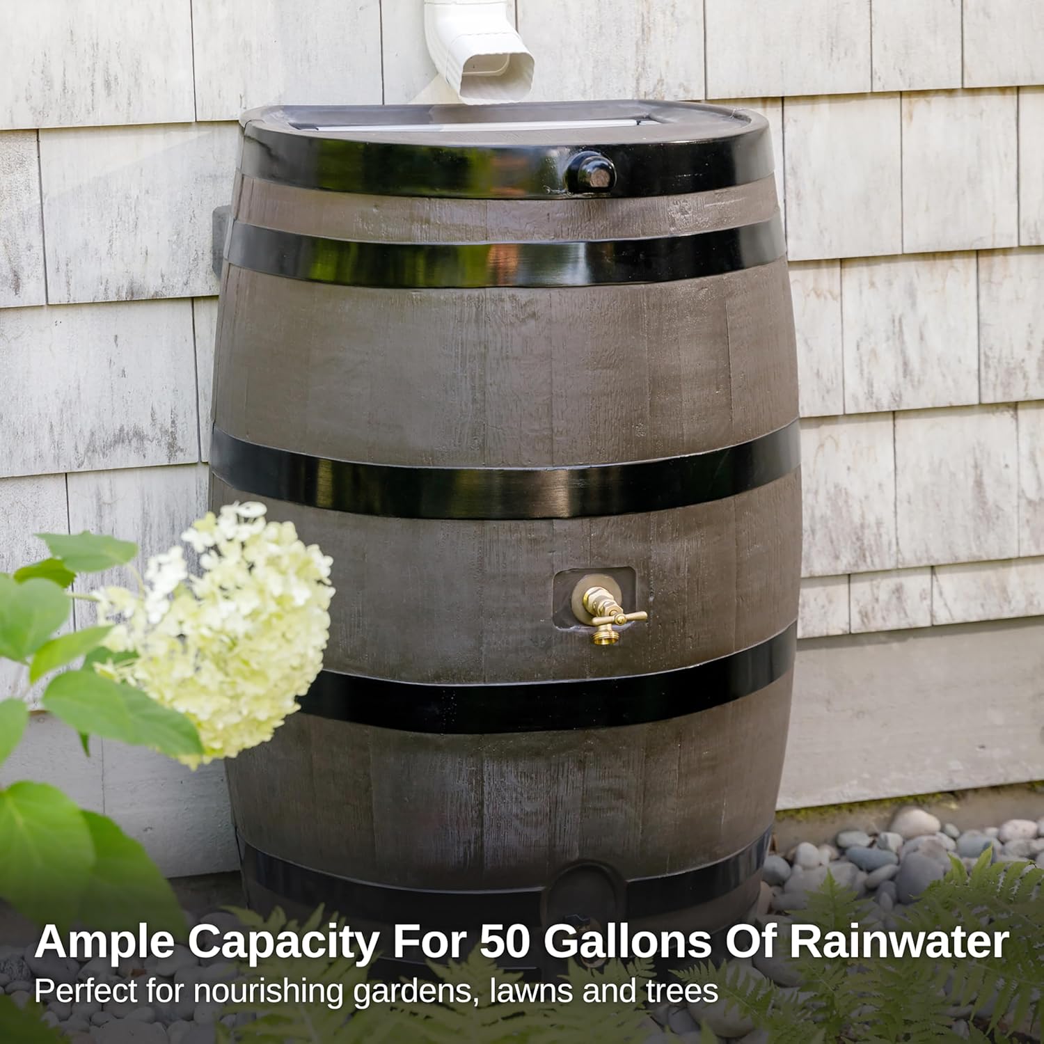 RTS Home Accents 50-Gallon Dual Spigot Rain Barrel, Flat Back Rain Water Collection Barrel, Stand Included, Woodgrain with Black Stripes11