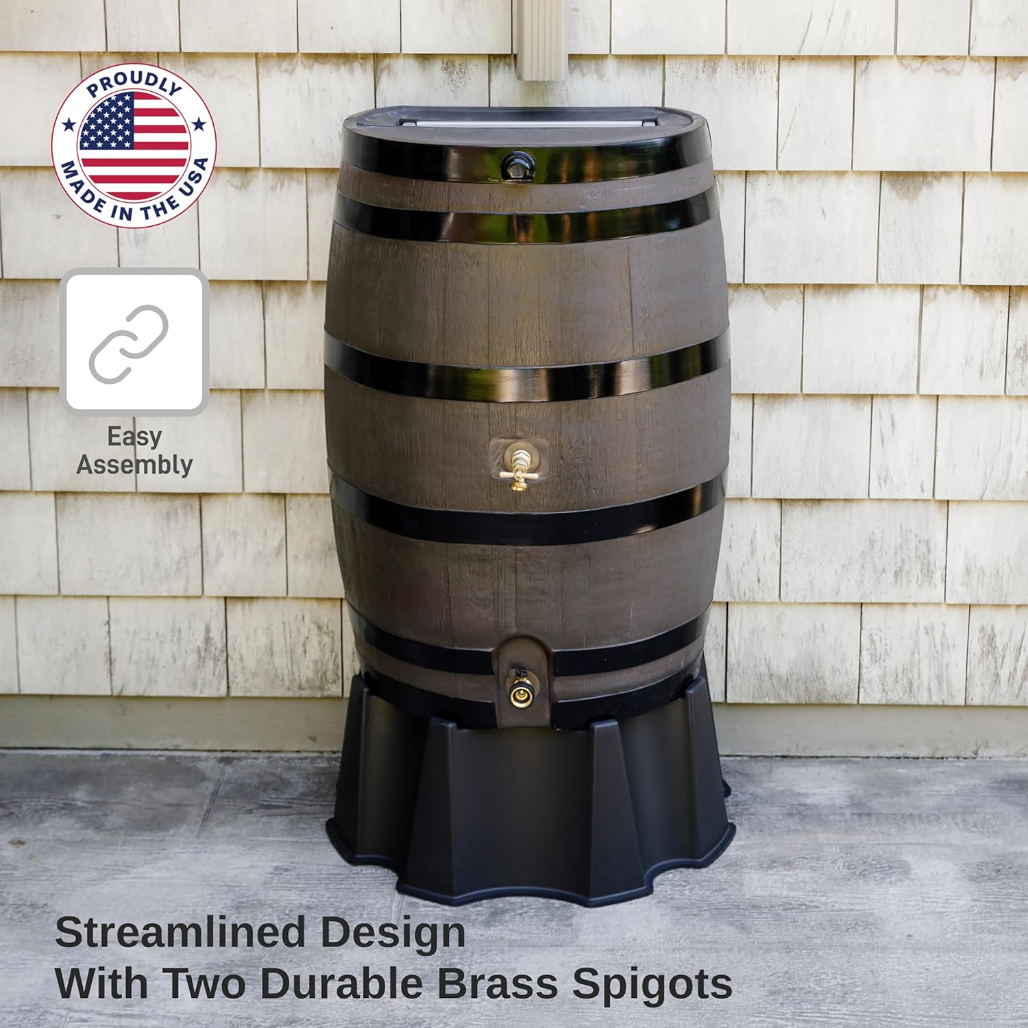 RTS Home Accents 50-Gallon Dual Spigot Rain Barrel, Flat Back Rain Water Collection Barrel, Stand Included, Woodgrain with Black Stripes12