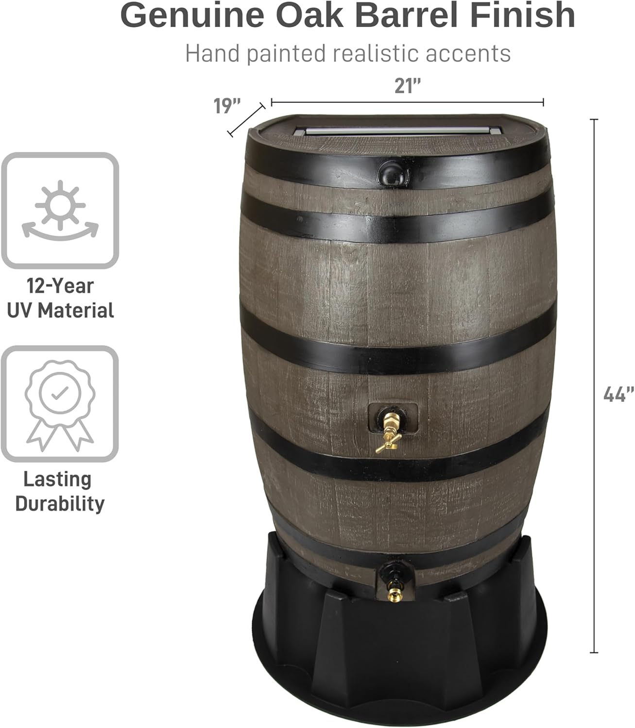 RTS Home Accents 50-Gallon Dual Spigot Rain Barrel, Flat Back Rain Water Collection Barrel, Stand Included, Woodgrain with Black Stripes3