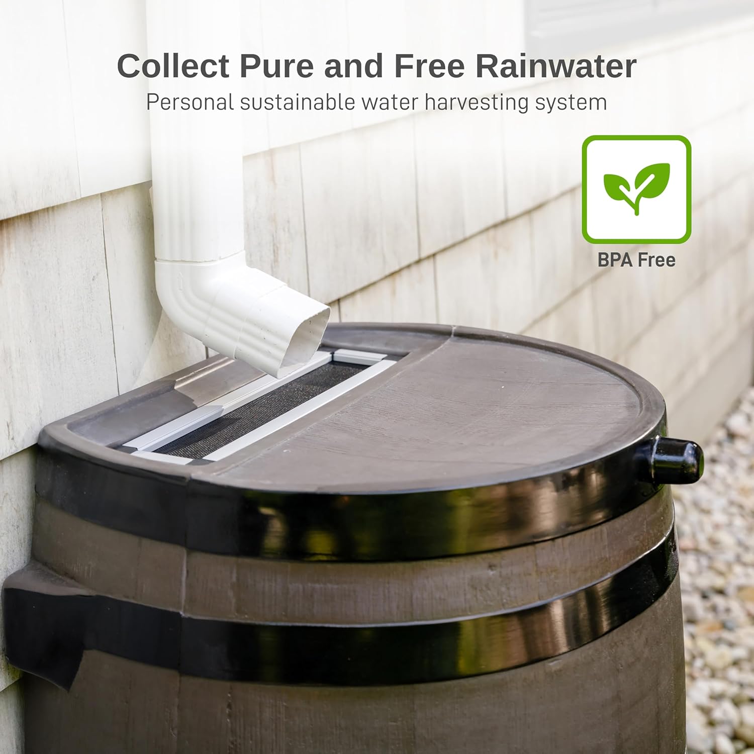 RTS Home Accents 50-Gallon Dual Spigot Rain Barrel, Flat Back Rain Water Collection Barrel, Stand Included, Woodgrain with Black Stripes5