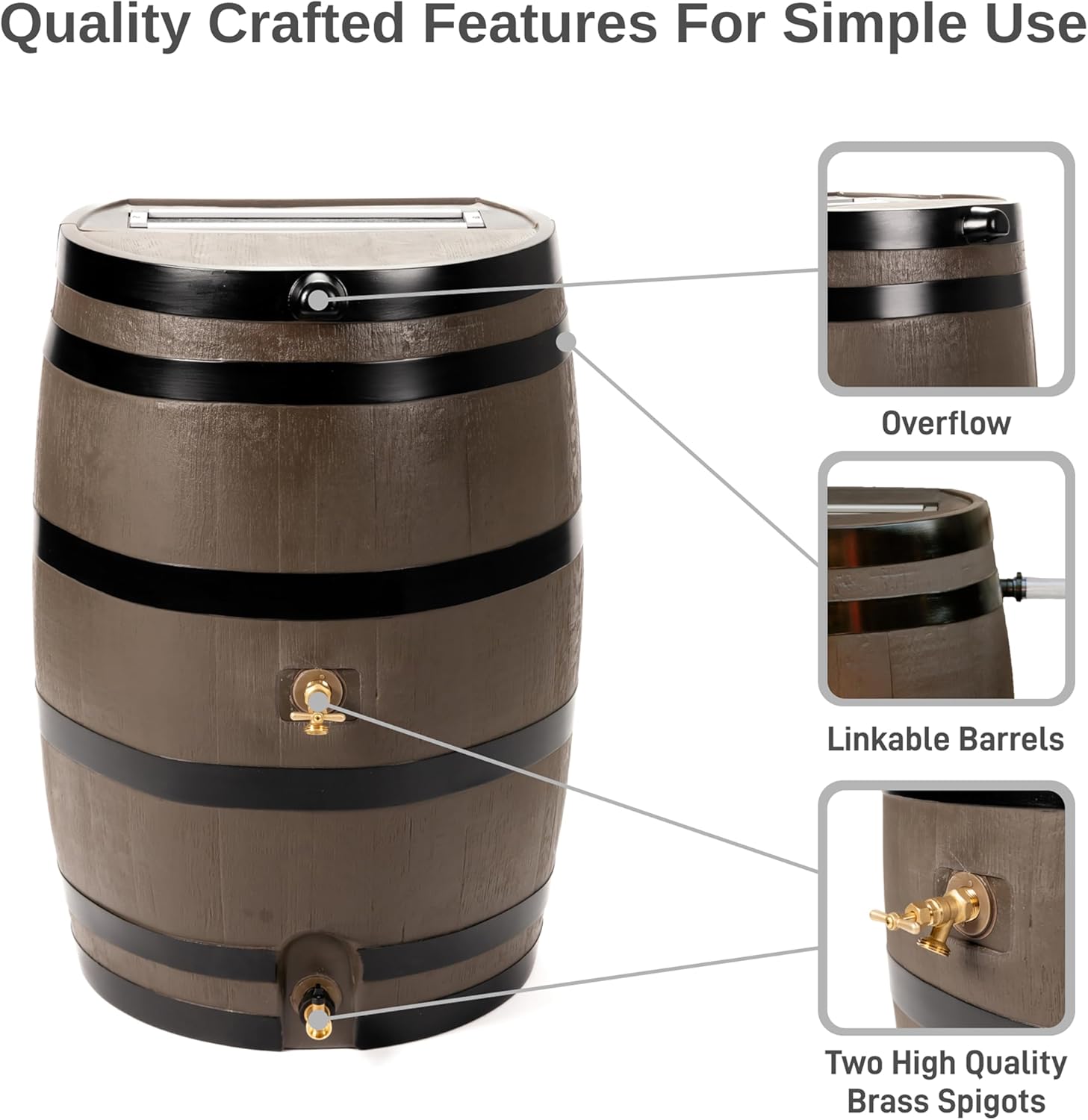 RTS Home Accents 50-Gallon Dual Spigot Rain Barrel, Flat Back Rain Water Collection Barrel, Stand Included, Woodgrain with Black Stripes6
