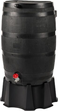 RTS Home Accents 50-Gallon ECO Rain Barrel Made with 100% Recycled Plastic, Flat Back Rain Water Collection Barrel, Stand Included, Black