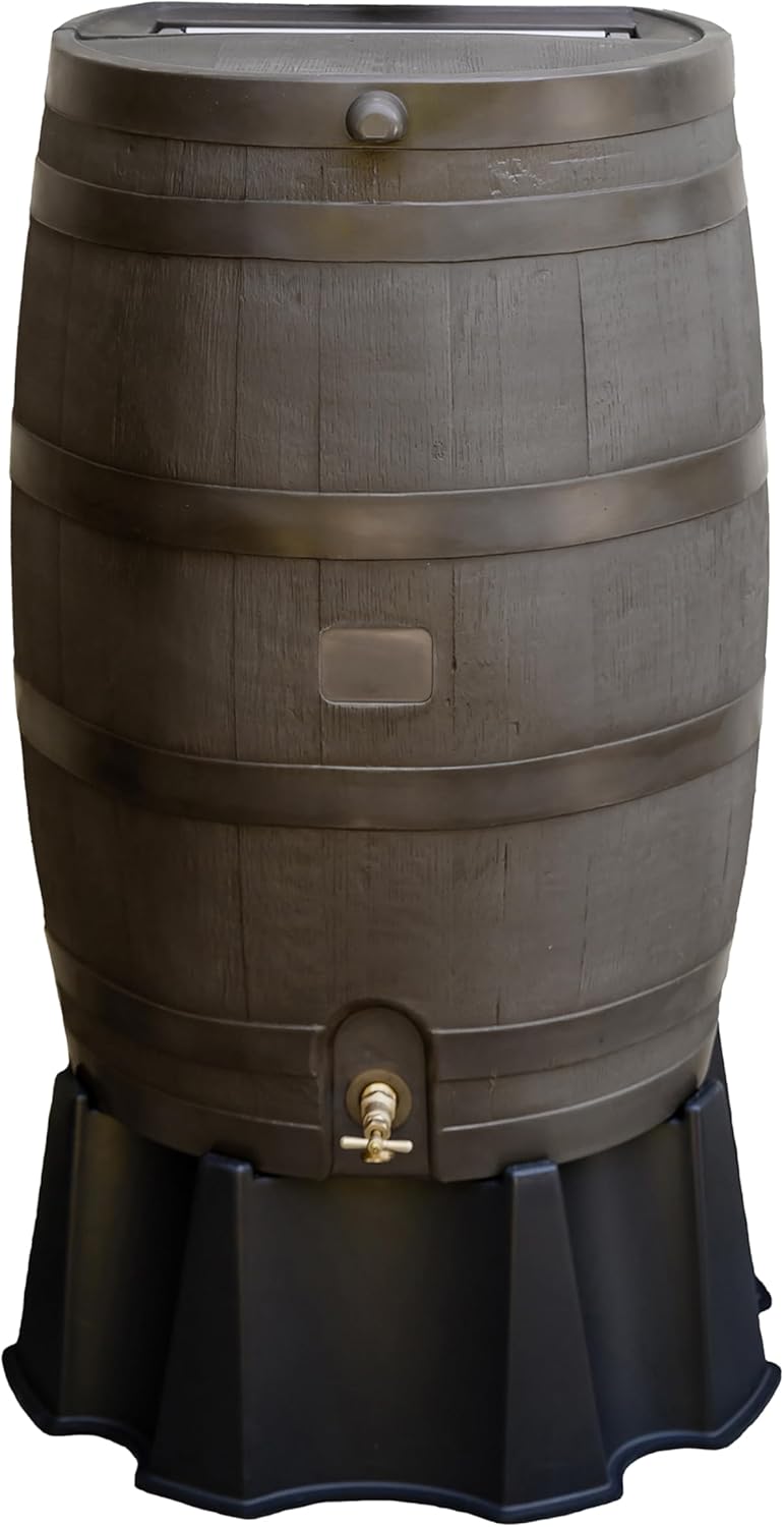 RTS Home Accents 50-Gallon Rain Barrel, Flat Back Rain Water Collection Barrel, Stand Included, Walnut Color RTS Home Accents 50-Gallon Rain Barrel, Flat Back Rain Water Collection Barrel, Stand Included, Walnut Color