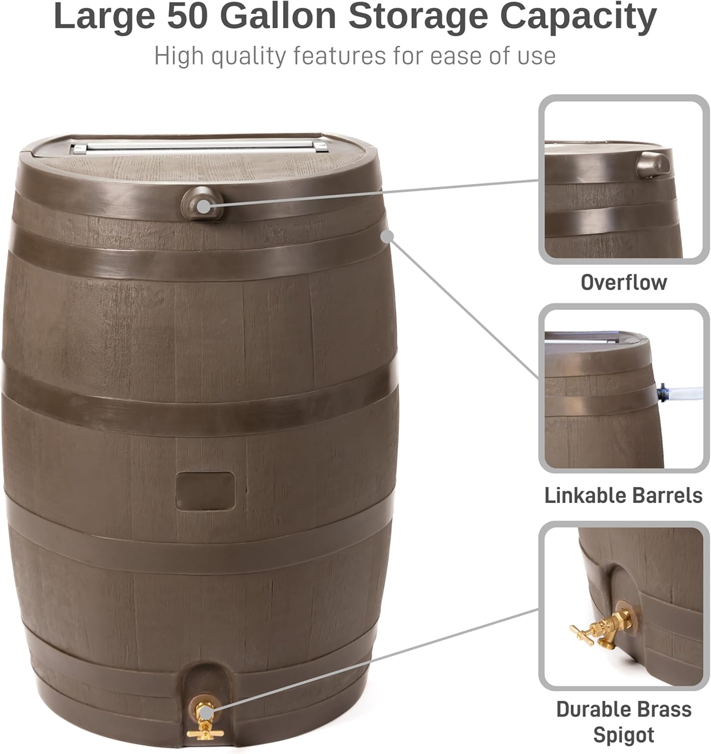 RTS Home Accents 50-Gallon Rain Barrel, Flat Back Rain Water Collection Barrel, Stand Included, Walnut Color5