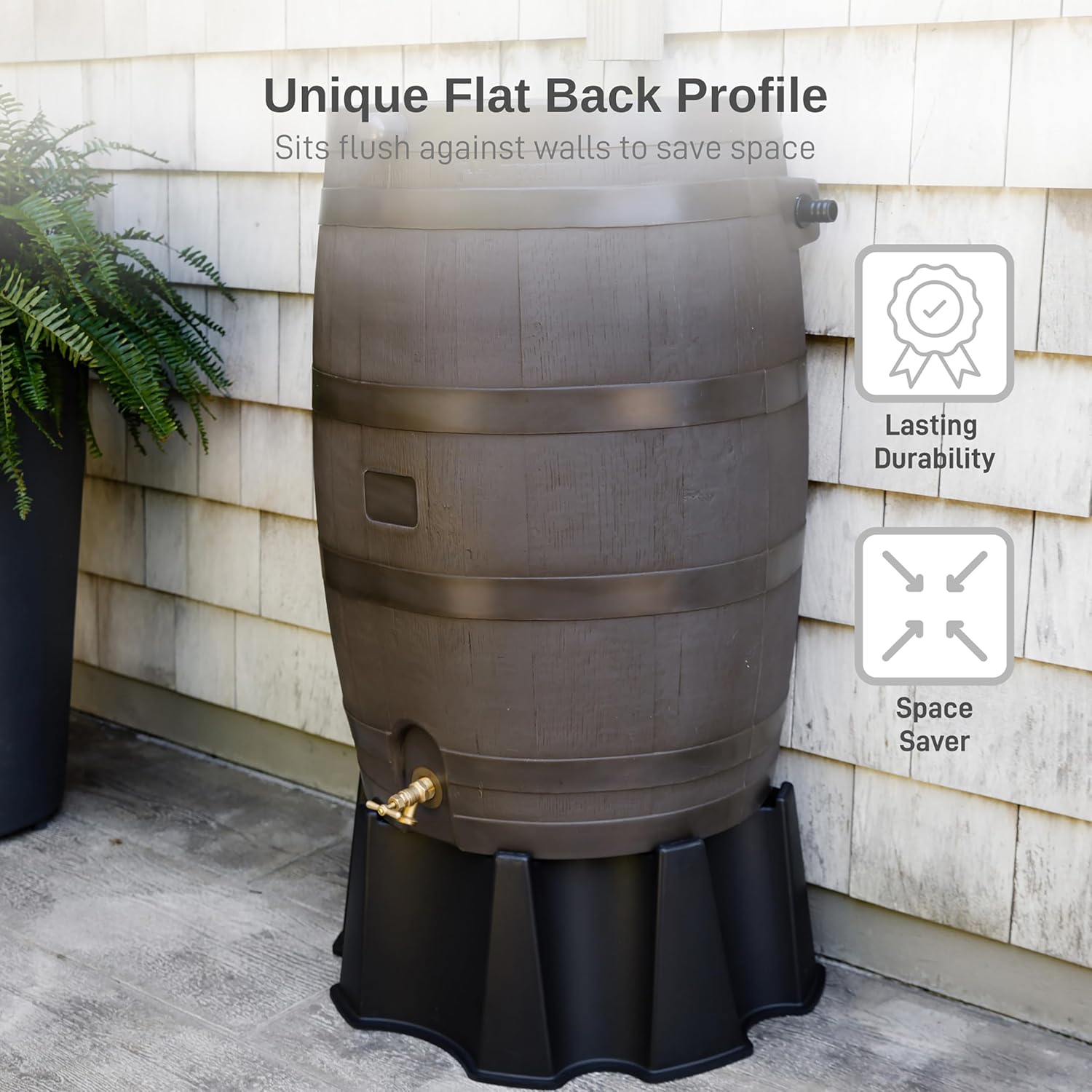 RTS Home Accents 50-Gallon Rain Barrel, Flat Back Rain Water Collection Barrel, Stand Included, Walnut Color6
