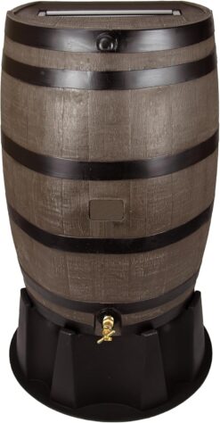 RTS Home Accents 50-Gallon Rain Barrel, Flat Back Rain Water Collection Barrel, Stand Included, Woodgrain with Black Stripes