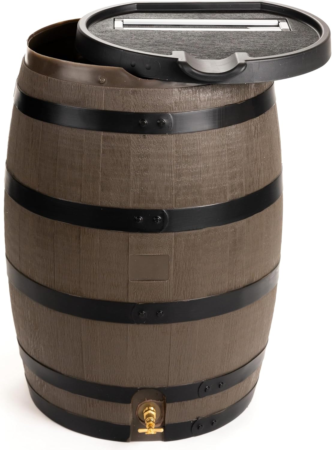 RTS Home Accents Premium 55-Gallon Rain Barrel with Removable Lid, Flat Back Rain Water Collection Barrel, Woodgrain with Black Stripes RTS Home Accents Premium 55-Gallon Rain Barrel with Removable Lid, Flat Back Rain Water Collection Barrel, Woodgrain with Black Stripes