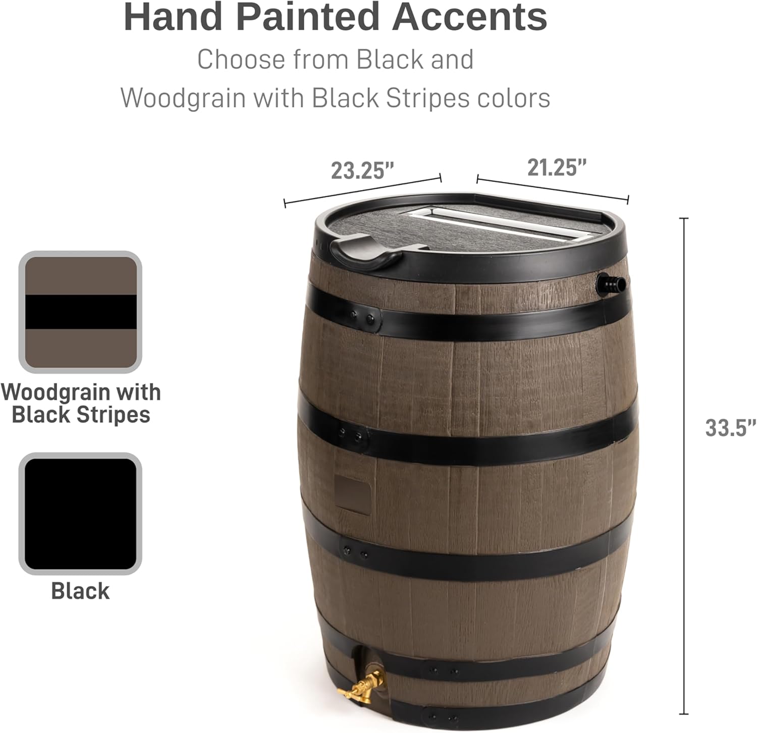 RTS Home Accents Premium 55-Gallon Rain Barrel with Removable Lid, Flat Back Rain Water Collection Barrel, Woodgrain with Black Stripes2