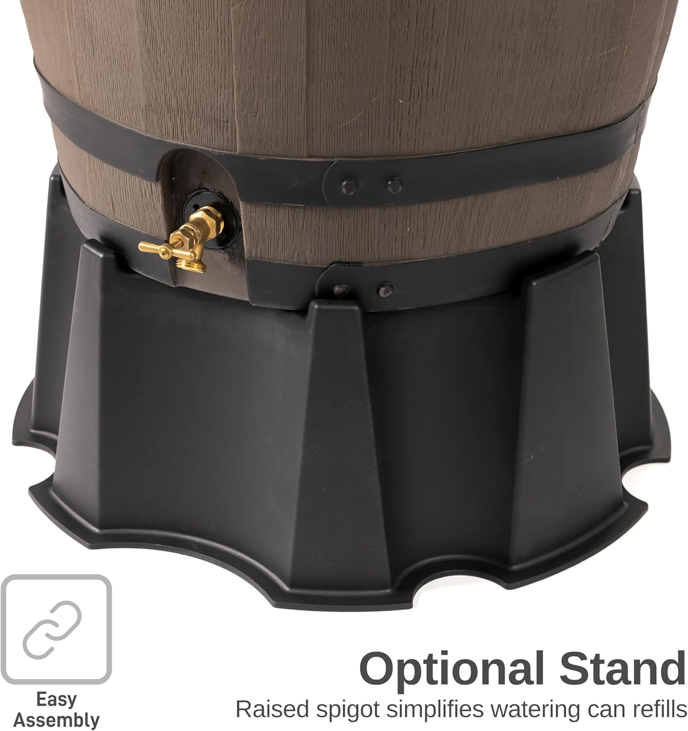 RTS Home Accents Premium 55-Gallon Rain Barrel with Removable Lid, Flat Back Rain Water Collection Barrel, Woodgrain with Black Stripes6