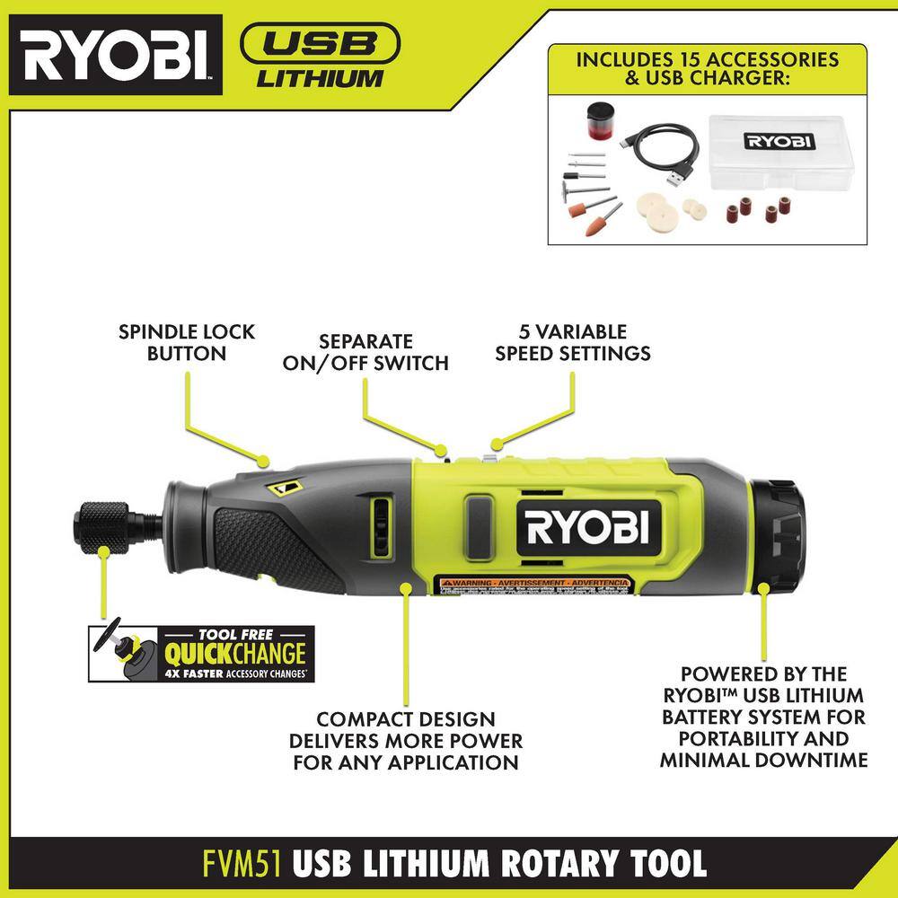 RYOBI FVD50K-FVM51K USB Lithium 2-Tool Combo Kit with Screwdriver, Rotary Tool, (2) Batteries, and (2) USB Charging Cables2