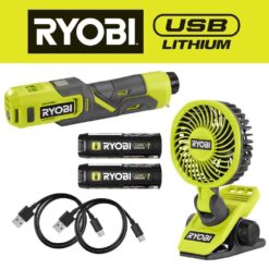 RYOBI FVF51K-FVIF51K USB Lithium 2-Tool Combo Kit with Clamp Fan, Inflator, (2) 2.0 Ah USB Lithium Batteries, and (2) Charging Cables