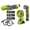 RYOBI USB Lithium 3-Tool Combo Kit with Fan, Flashlight, Inflator, (3) 2.0 Ah USB Lithium Batteries, & (3) Charging Cables