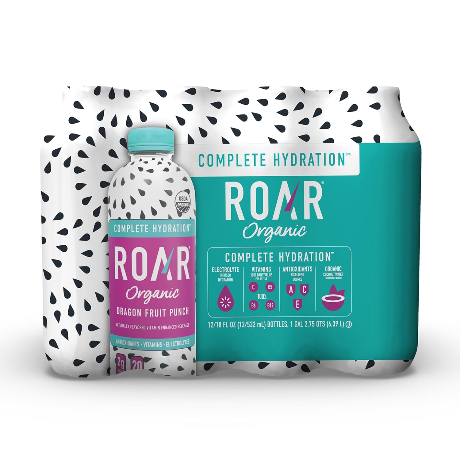 Roar Complete Hydration Organic - Electrolyte Drinks Loaded with Vitamins C, B5, B12 - Non-GMO, Gluten-Free - Dragonfruit Punch - 12 pc Roar Complete Hydration Organic - Electrolyte Drinks Loaded with Vitamins C, B5, B12 - Non-GMO, Gluten-Free - Dragonfruit Punch - 12 pc