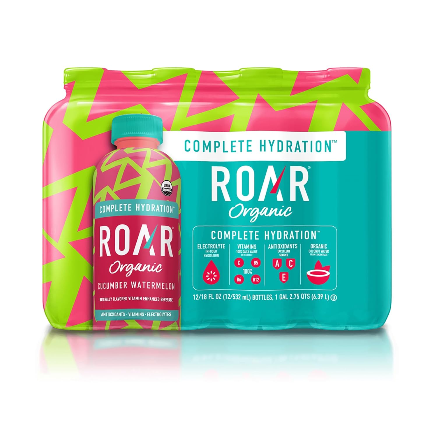 Roar Organic Electrolyte Infusions - USDA Organic - Cucumber Watermelon - with Antioxidants, B Vitamins, Low-Calorie, Low-Sugar, Low-Carb, Coconut Water Infused Beverage 18 Fl Oz (Pack of 12) Roar Organic Electrolyte Infusions - USDA Organic - Cucumber Watermelon - with Antioxidants, B Vitamins, Low-Calorie, Low-Sugar, Low-Carb, Coconut Water Infused Beverage 18 Fl Oz (Pack of 12)