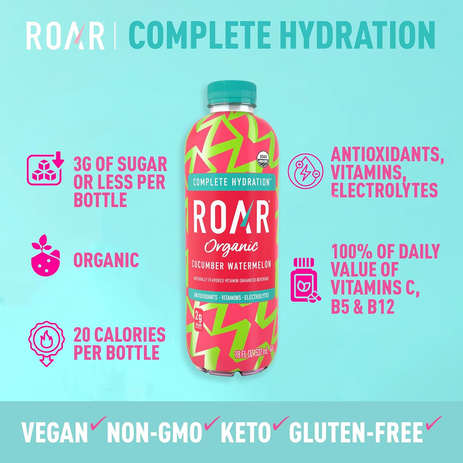 Roar Organic Electrolyte Infusions - USDA Organic - Cucumber Watermelon - with Antioxidants, B Vitamins, Low-Calorie, Low-Sugar, Low-Carb, Coconut Water Infused Beverage 18 Fl Oz (Pack of 12)1